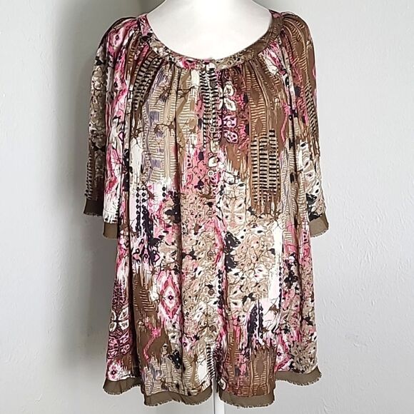 Roaman's Pink & Brown Buttondown Blouse with Brown Fringe Accent Hem, Size 14W - Picture 1 of 8
